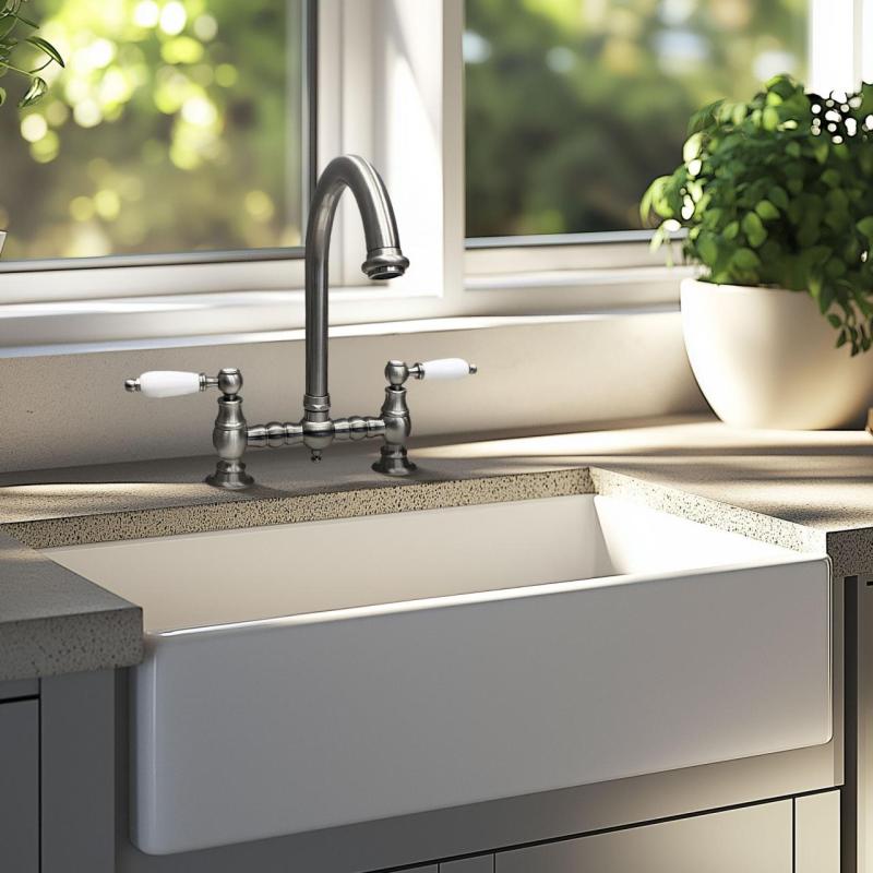 PB Nostalgic Brücken-Küchenarmatur Edelstahl runder Auslauf mit weißen Griffen PBN.RVS.R.WH