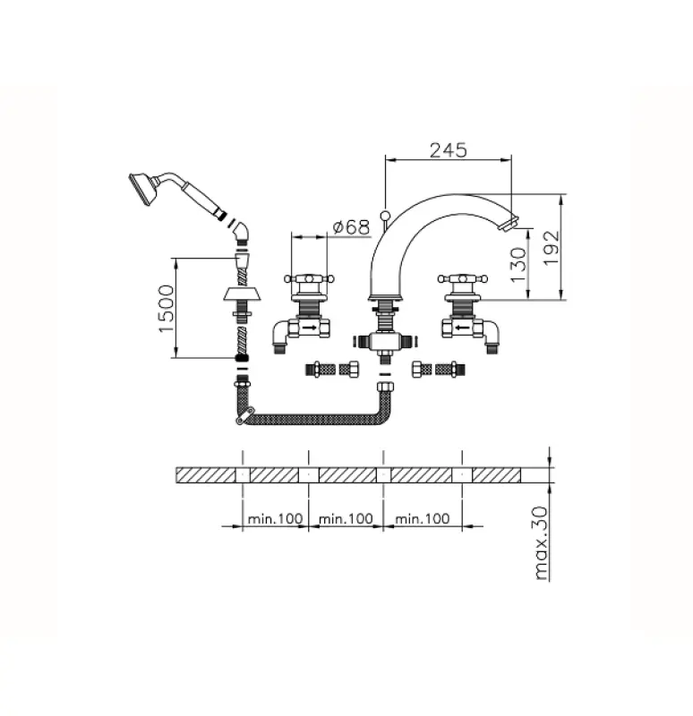 Huber Victorian 4-Loch-Wannenarmatur mit Brausegarnitur Bronze VT00026027