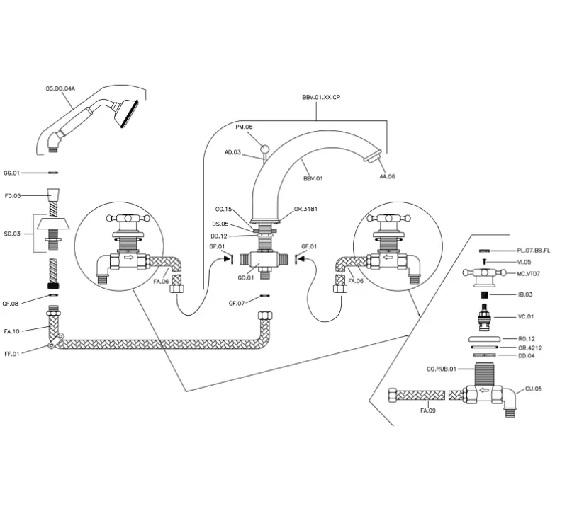 Huber Victorian 4-Loch-Wannenarmatur mit Brausegarnitur Edelstahl VT0002602A