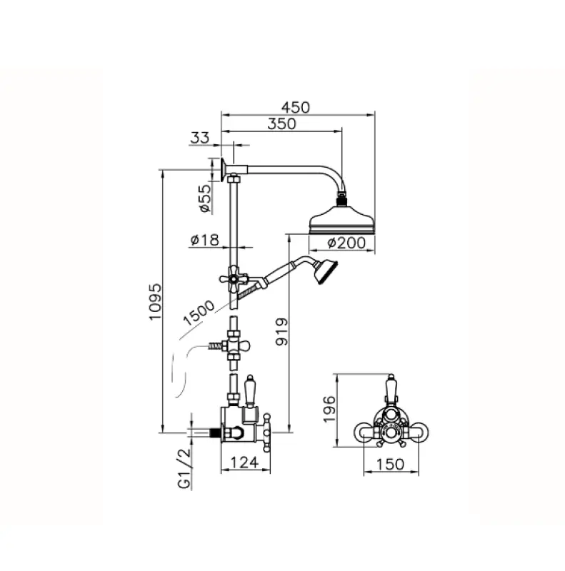 Huber Victorian Thermostat-Duschgarnitur 20cm aus Edelstahl 590.VT21H.AC