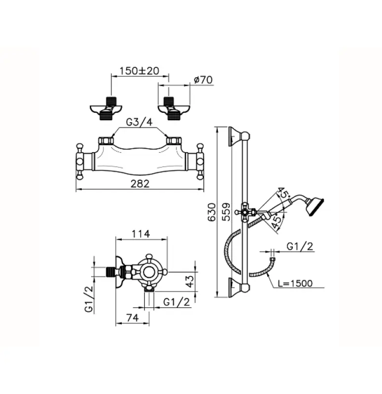 Huber Victorian Thermostat-Duschbatterie mit Duschstange-Set Chrom VTS0101021
