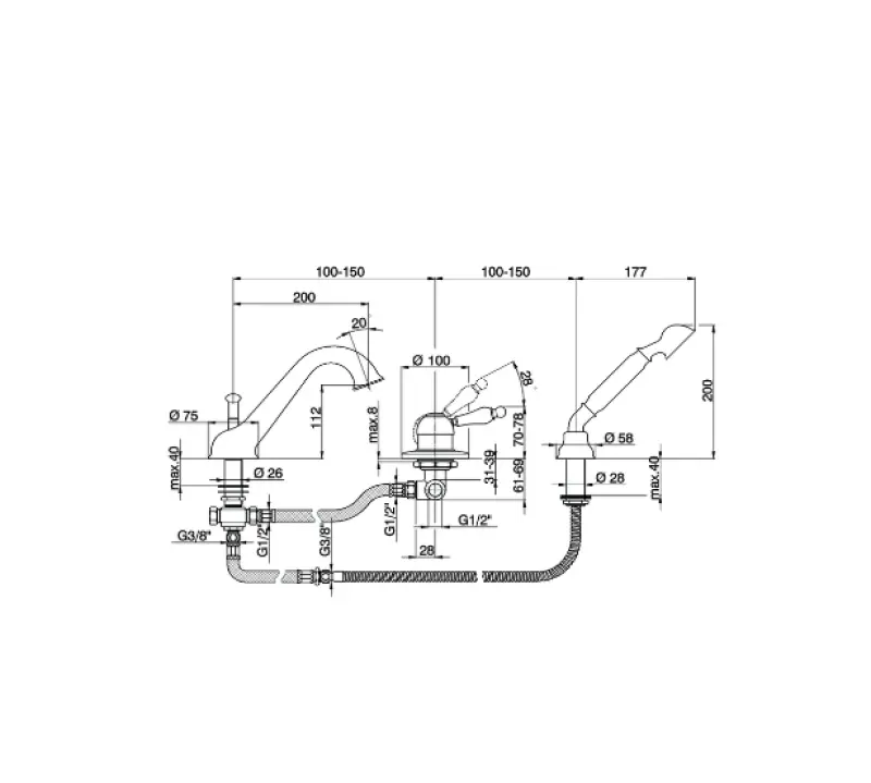 Cisal Arcana Empress 3-Loch-Wannenarmatur mit Handbrause Kupfer EM00126026