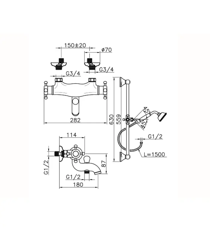 Huber Victorian Thermostat-Badearmatur mit Duschgarnitur Gold VTS270102G