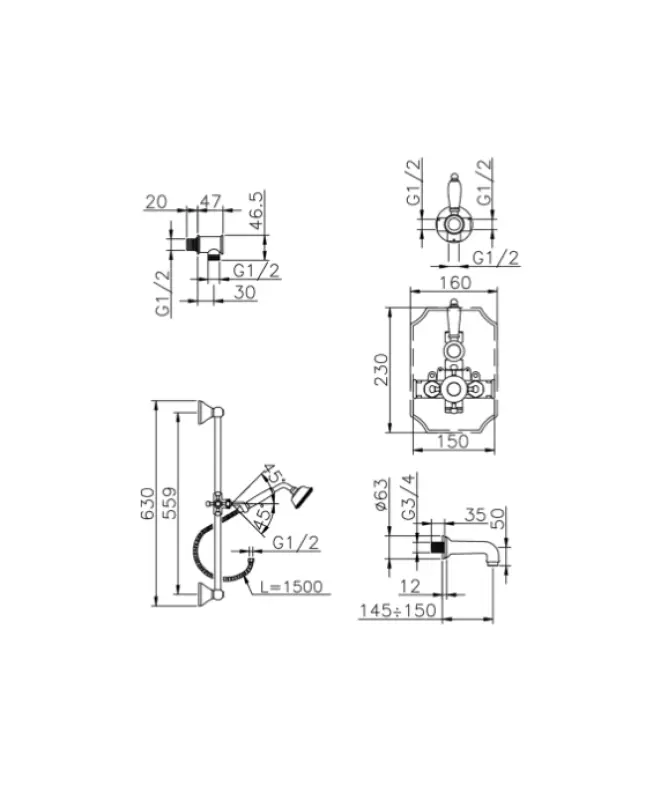 Huber Victorian Thermostat-Einbau Bad/ Dusche Garnitur Chrom 914.VT01H.CR