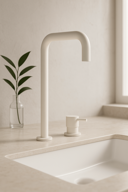 Waterevolution Flow 2-Loch-Waschtischarmatur hoher Auslauf 222, Weiß matt T122HBR