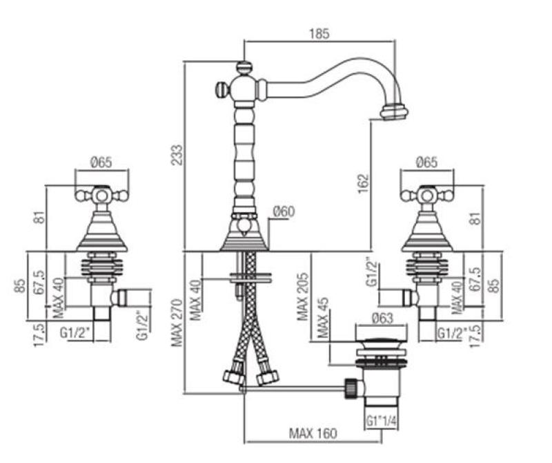 PB classic 3-Loch-Waschtischarmatur mit Sterngriffen, Auslauf 18,5 cm, Chrom 1208854922