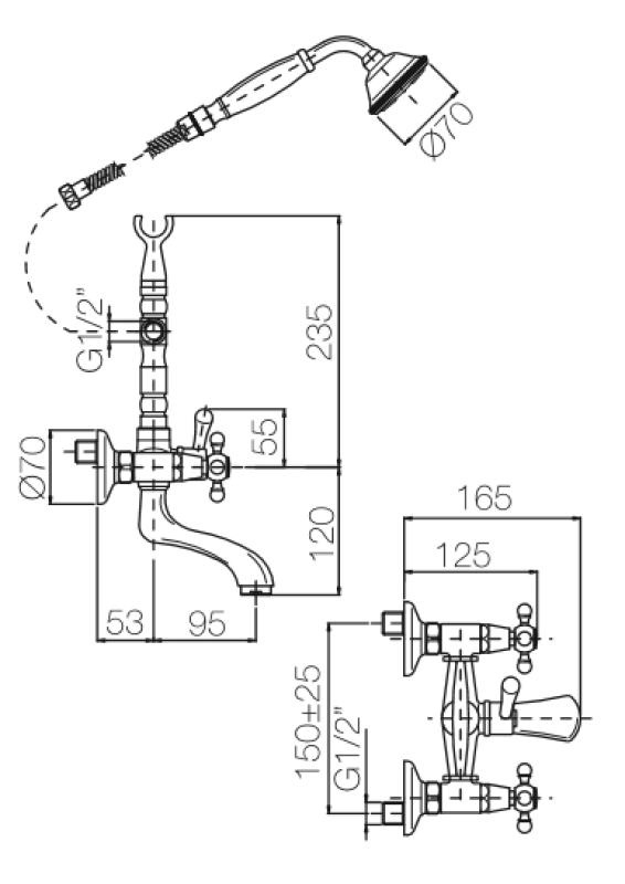 PB Classic Aufputz-Wannenbatterie mit Sterngriffen, Edelstahl, inklusive Handbrause 1208855172