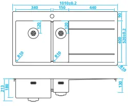 Caressi Edelstahl 1,5 Küchenspüle links mit Ablauf rechts CAPP3415ABL B101xL52 Aufliegend Unterbau und Flachmontage 1208921302