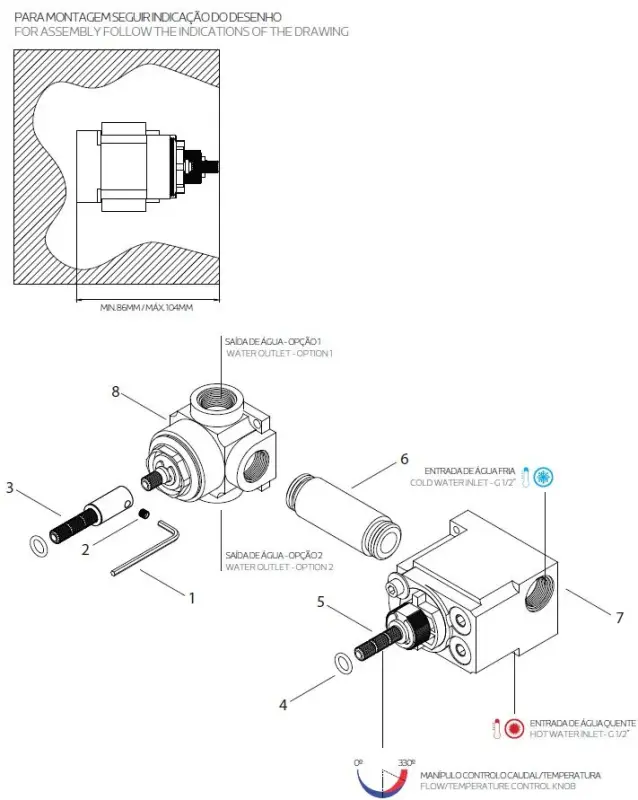 Waterevolution Flow Einbau-Duschthermostat mit 1 Umstellventil aus Kupfer