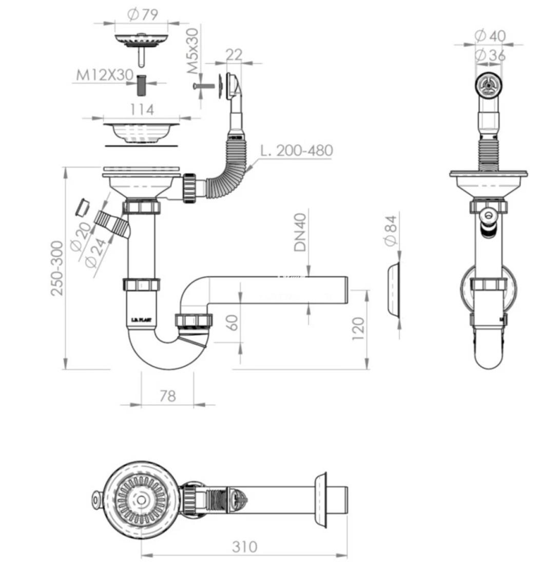 GraniteMy Drainage set stainless steel with round overflow including siphon for single sink 1208952965