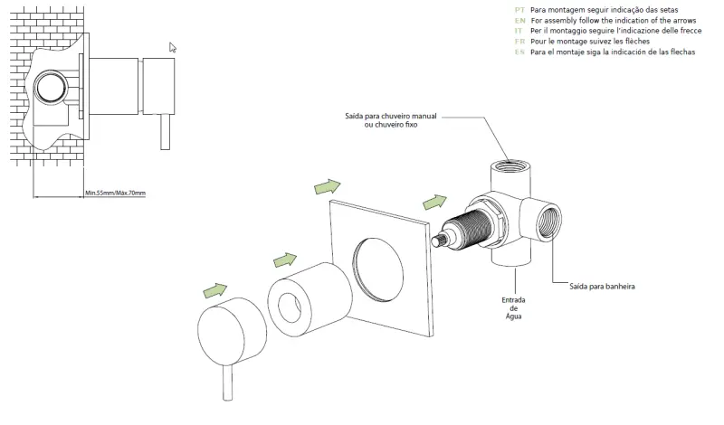 Waterevolution Flow Unterputz 2-Wege-Umsteller gebürstetes Messing mit runder Rosette T1482RLE