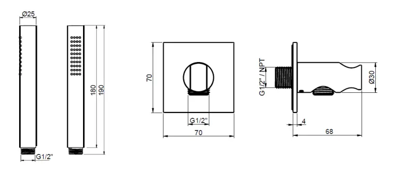 SB 316 Square Handbrausegarnitur mit Schlauch und Aufhängehaken aus Edelstahl