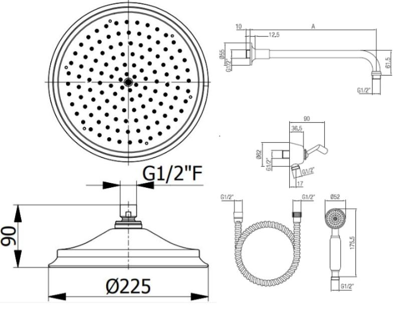 PB Classic Nostalgic Unterputz-Duschset Chrom mit Handbrause und Regendusche 225mm 1208953841