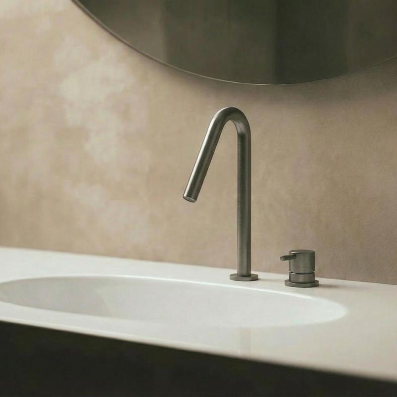 Waterevolution Flow 2-Loch-Waschtischarmatur PVD Gun Metal mit kleinem V 120 mm Auslauf T1121VGME