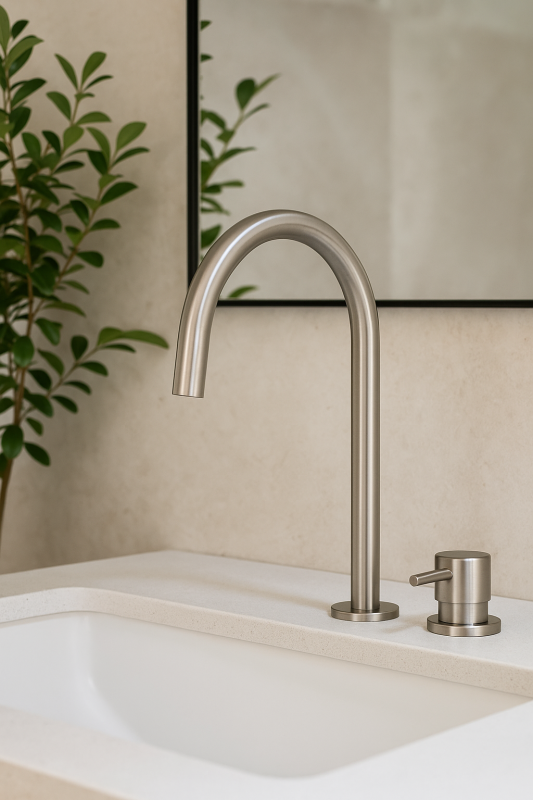 Waterevolution Flow 2-Loch-Waschtischarmatur komplett aus Edelstahl mit hohem U 200 mm Auslauf T1122UIE