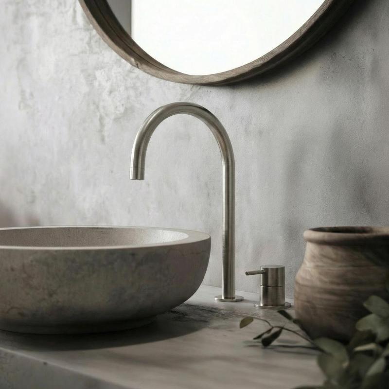 Waterevolution Flow 2-Loch-Waschtischarmatur komplett aus Edelstahl mit hohem U 200 mm Auslauf T1122UIE