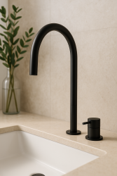 Waterevolution Flow 2-Loch-Waschtischarmatur schwarz mit hohem U 200 mm Auslauf T1122UPR
