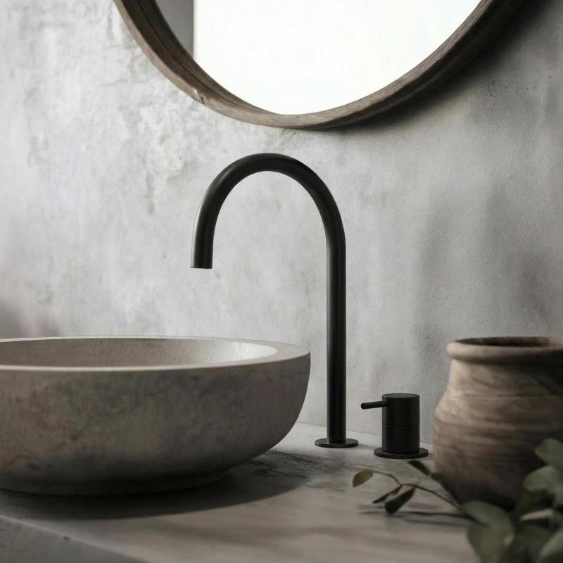 Waterevolution Flow 2-Loch-Waschtischarmatur schwarz mit hohem U 200 mm Auslauf T1122UPR
