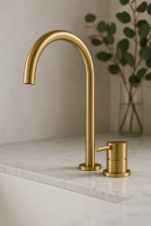 Waterevolution Flow 2-Loch Waschtischarmatur, gebürstetes Messing, mit hohem 213mm U-Auslauf T1122ULE