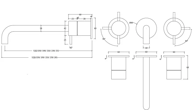 Waterevolution Flow 3-Loch-Einbau-Waschtischarmatur aus gebürstetem Messing mit Auslauf 21 cm T1163FLE-21