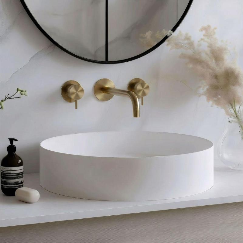 Waterevolution Flow 3-Loch-Einbau-Waschtischarmatur Vollständig gebürstetes Messing mit Auslauf 15 cm T1163FLE-15