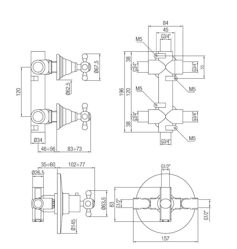 PB Classic Nostalgie Unterputz-Duschthermostat mit 2 Absperrventilen Kupfer