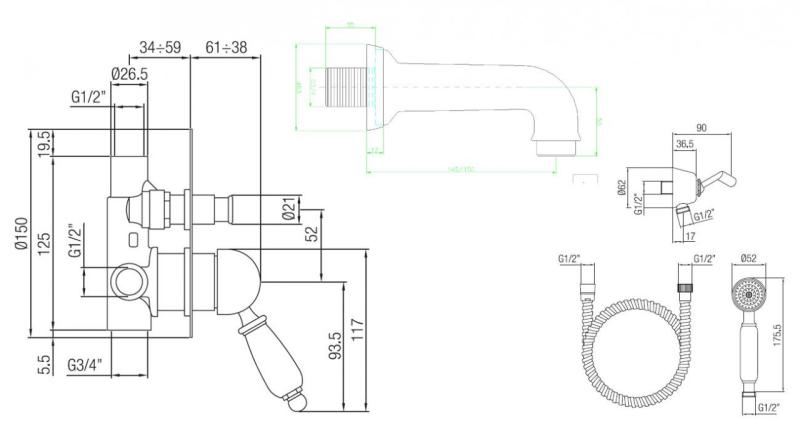 PB Nostalgie-Einbau-Badewannengarnitur Chrom