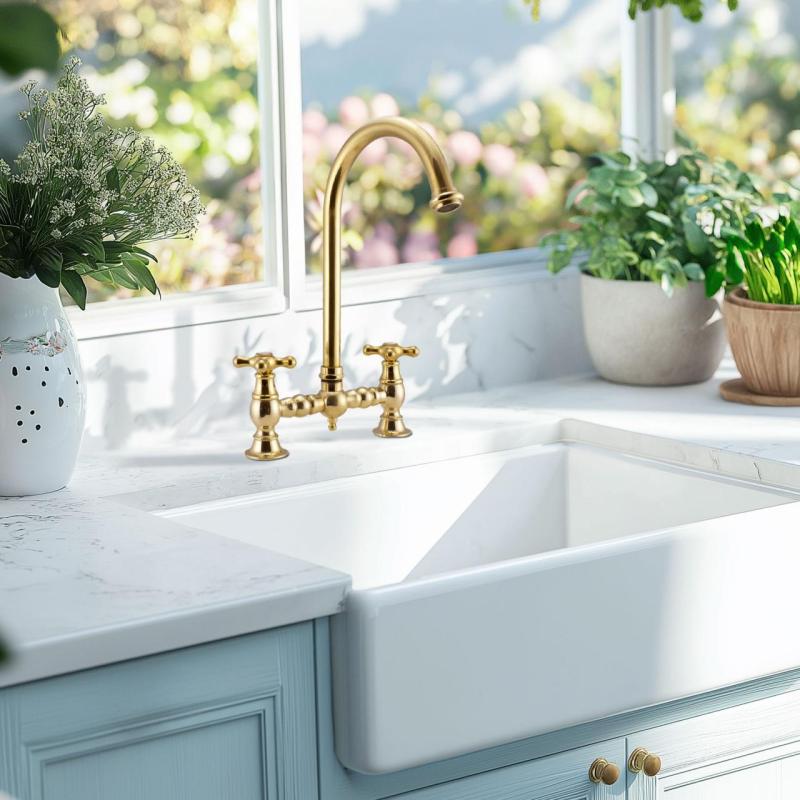 PB Nostalgic Brücken-Küchenarmatur Messing Natur, runder Auslauf mit Stern-Griffen 1208954669