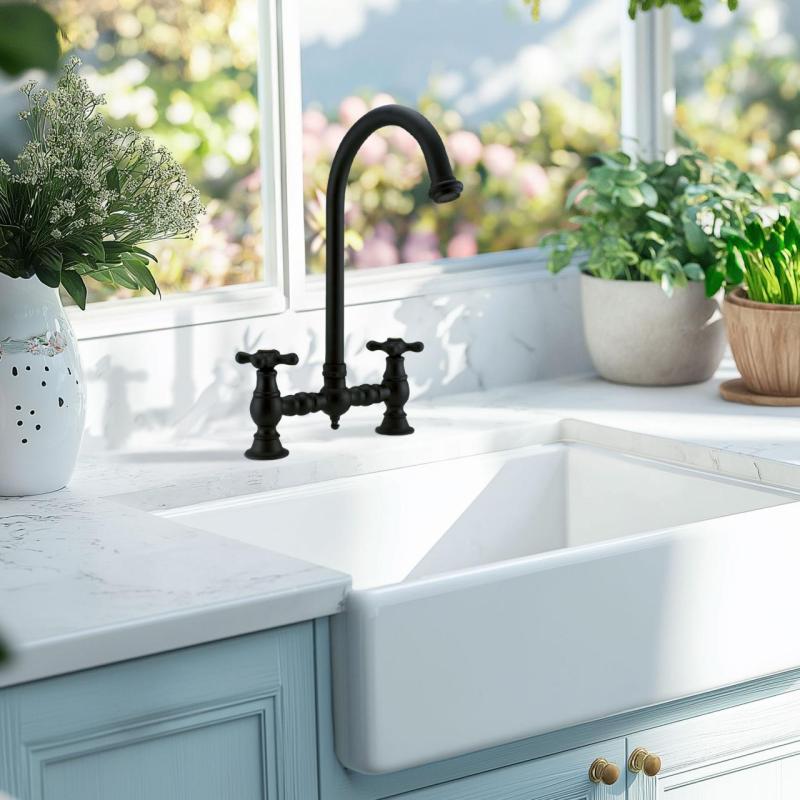 PB Nostalgische Brücken-Küchenarmatur matt Schwarz, runder Auslauf mit Sterngriffen 1208954671