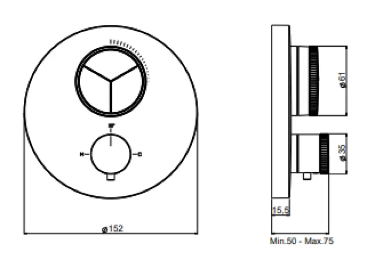 SB Push Round Unterputz-Thermostatbatterie mit Druckknopf, 3-Wege-Umsteller und Mengenregler PVD Gun Metal 1208955121