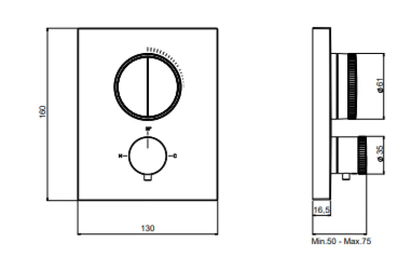 SB Push Square Unterputz-Thermostatbatterie mit Druckknopf-Umsteller und Mengenregler Chrom 1208955122