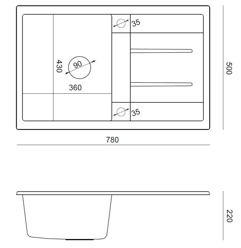 Quadri Sheffield schwarzes Granit-Spülbecken mit Abtropffläche 78x50cm und schwarzem Stecker, flächenbündiger Einbau