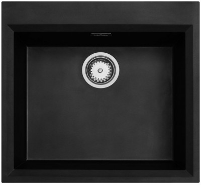 Schwarze Aufsatzspüle 58 x 53 cm mit Lochbank und Edelstahlstopfen 1208956732