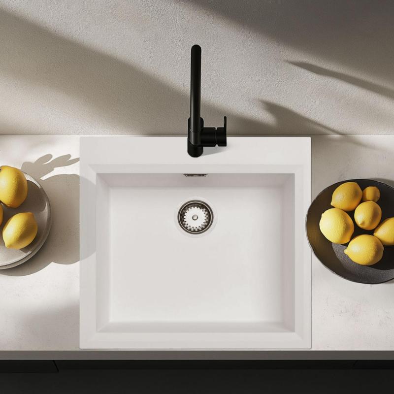 Weißes Spülbecken 58x53cm Oberflächen-Einbau mit Hahnlochbank und Edelstahlstecker 1208956763