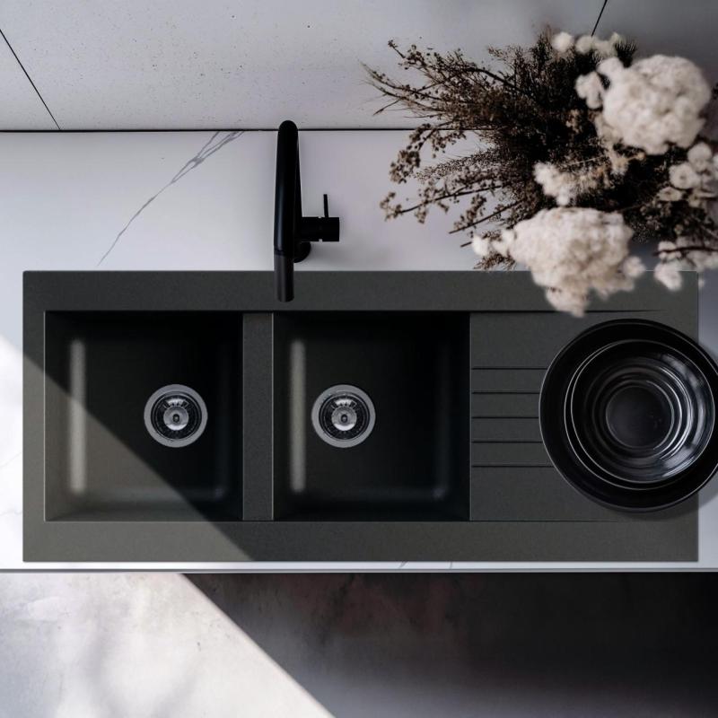 Ausmann Fibre Kunststoff-Doppelspüle, Schwarz, reversibel, mit Abtropffläche, Oberflächen-Einbau 116x50 cm 1208956787