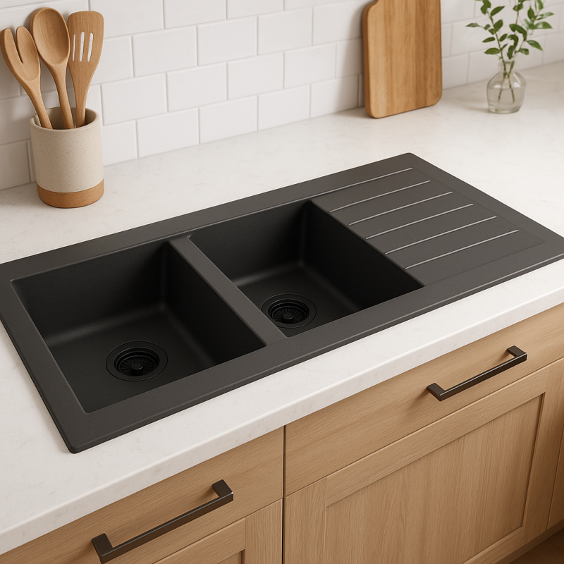 Ausmann Fibre Kunststoff-Doppelspüle , Schwarz, reversibel, mit Abtropffläche, Oberflächen-Einbau 116x50 cm mit schwarzem Stecker 1208956790