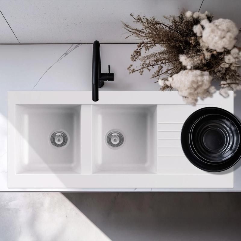 Ausmann Fibre Kunststoff Doppelspüle Weiß,reversibel, mit Abtropffläche 116x50 cm, Oberflächen-Einbau 12089594