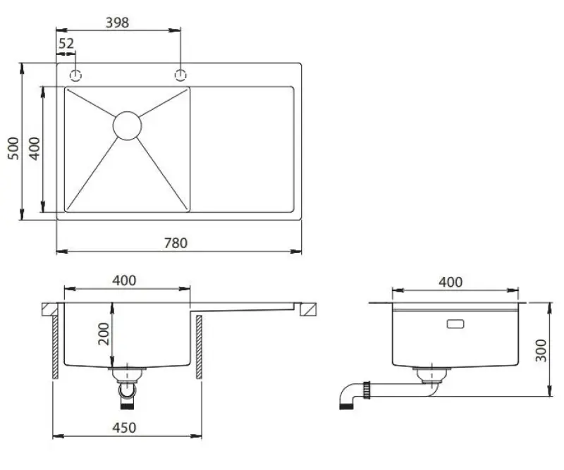 Ausmann Turt Edelstahlspüle mit Abtropffläche rechts 780x500mm, flächenbündiger und Oberflächen-Einbau 1208956954