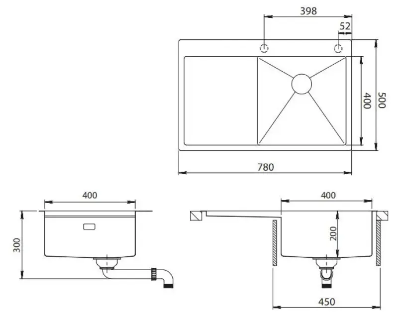 Ausmann Turt Kupfer Spülbecken mit Abtropffläche links 780x500mm, flächenbündiger und Oberflächen-Einbau 1208956955