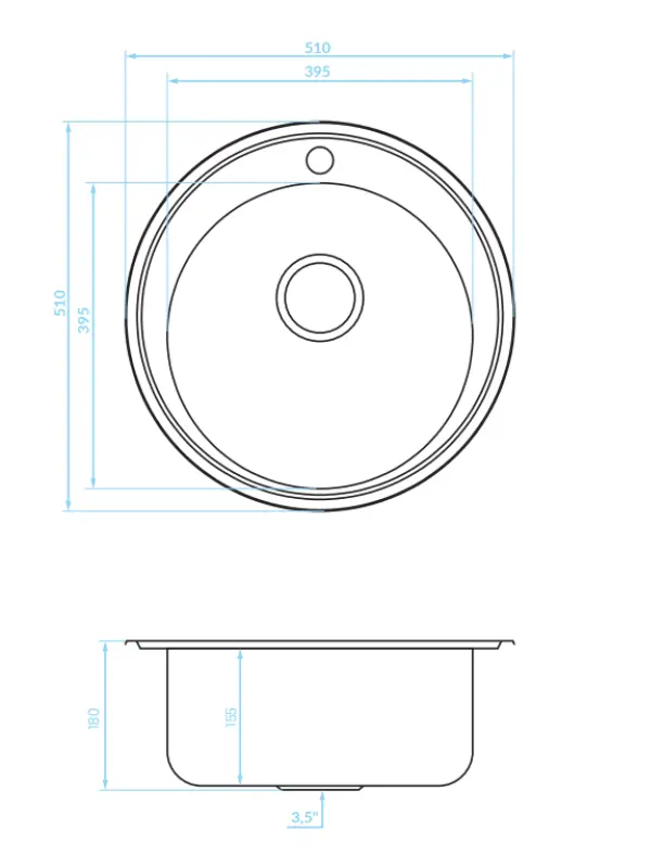 Ausmann Basic Edelstahl-Spüle rund mit Hahnloch, 51 cm, inkl. Siphon, Oberflächen-Einbau 1208956976