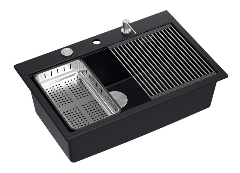 Quadri mattschwarze Hartstein-Granit-Spüle groß 76x50cm, inkl. Zubehör Oberflächen-Einbau1208957201