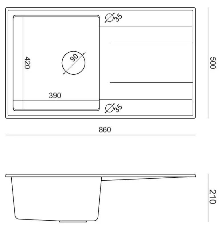 Quadri Luton Küchenspüle aus schwarzem Granit mit Abtropffläche, reversibel 86x50cm, mit schwarzem stopfen, aufliegend 1208957327