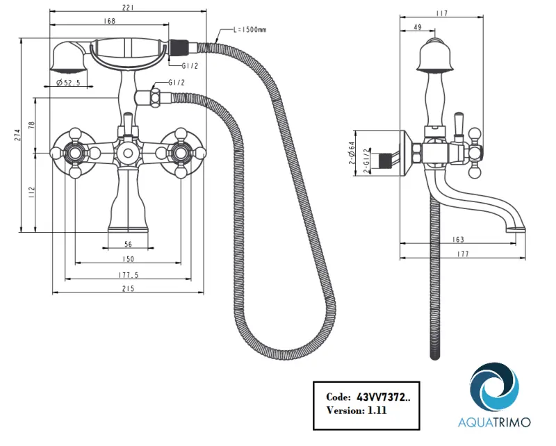 AquaTrimo Vivaldi Classic Aufputz-Wannenarmatur mit Sterngriffen, Chrom, inklusive Handbrause 43VV7372CM
