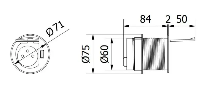 Indux Cover Einbau-Küchensteckdose in Arbeitsplatte Stift-Erdung Typ E mit USB und Steckdose Farbe silber 1208957394