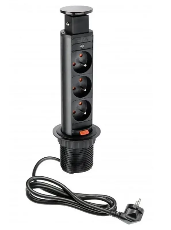 Indux Up & Down enge versenkbare schwarze Küchensteckdose in Arbeitsplatte mit Stift-Erdung Typ E und mit 3 Steckdosen 1208957417