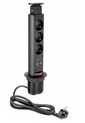Indux Up & Down enge versenkbare schwarze Steckdose in Arbeitsplatte Stift-Erdung Typ E, mit 3 Steckdosen und 2 x USB 1208957418