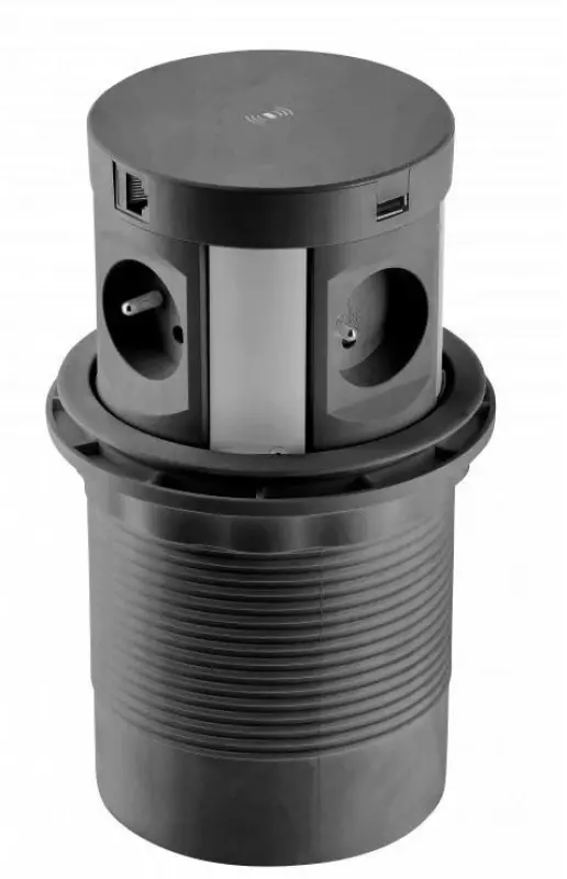 Indux Push versenkbare Küchensteckdose Schwarz mit 4 Steckdosen, Stift-Erdung Typ E, 2 x USB, 2 x RJ45 und kabellosem Laden 1208957421