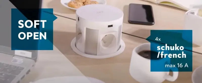 Indux Push versenkbare Küchensteckdose Schwarz mit 4 Steckdosen, Stift-Erdung Typ E, 2 x USB, 2 x RJ45 und kabellosem Laden 1208957421