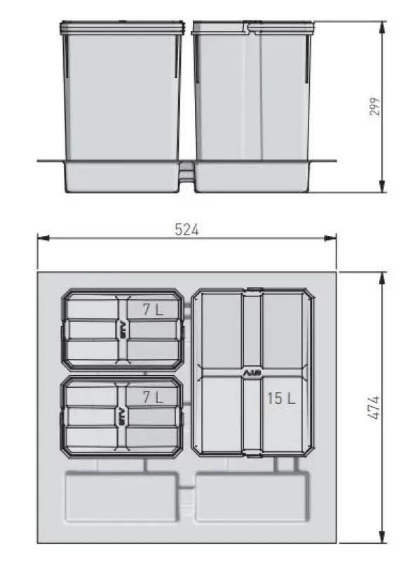 Garbi Basket B-60-3 Abfallsortiersystem für Schublade 60cm inkl. Halter und 3 Abfalleimern 1208957473