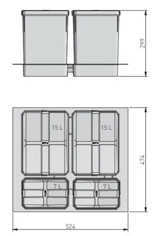 Garbi Basket B-60-4 Abfallsortiersystem für Schublade 60cm inkl. Halter und 4 Abfalleimern 1208957475